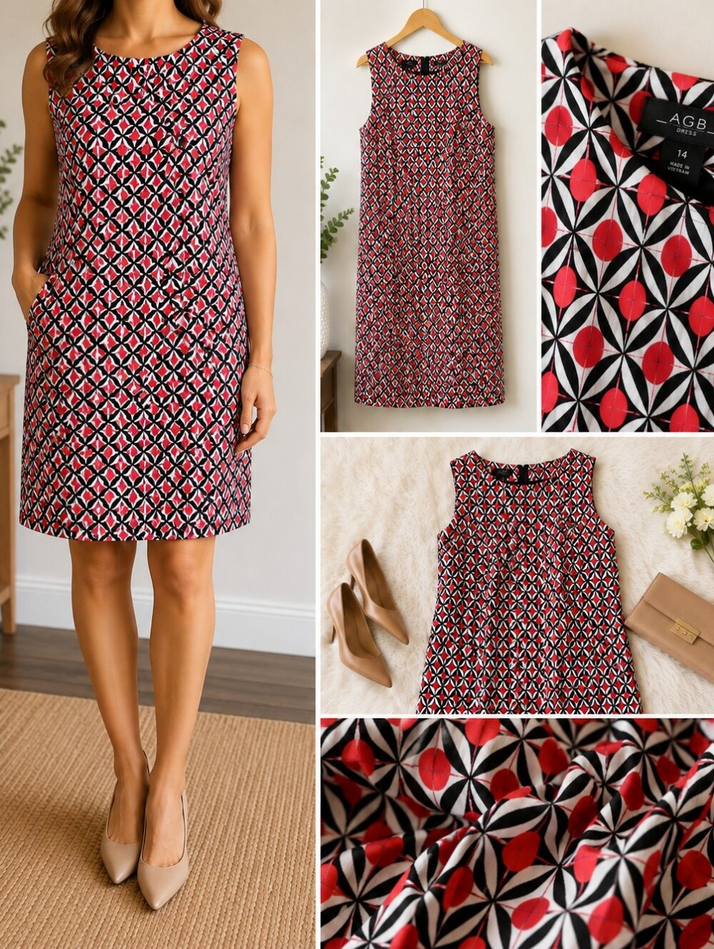 AGB Sleeveless Sheath Dress in Orange, Black & White Geometric Print S 14 NWOT